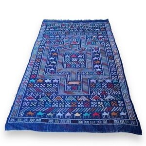 Vintage Handmade Indian Wool Kilim Flatweave Area Rug‎ Tribal Birds Blue Camels